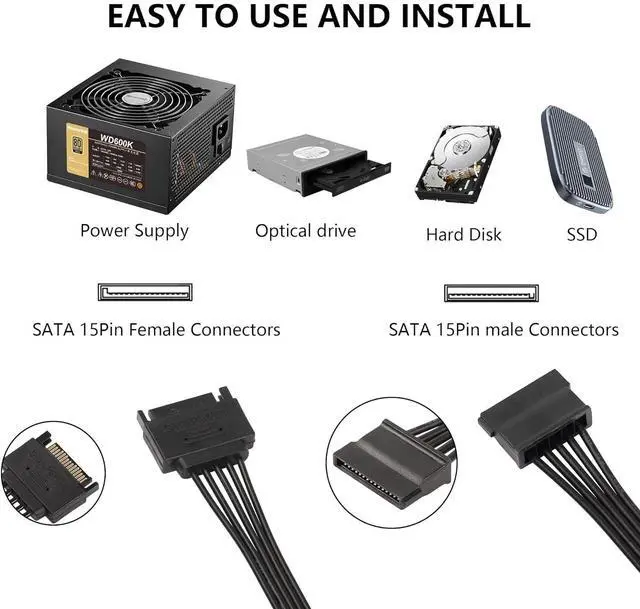 Alt view image 5 of 7 - BUCIER SATA Power Splitter Cable - 15Pin Male to 5 Female Power Extension Hard Drive Cable for HDD, SSD and Optical Drives - 23.5cm