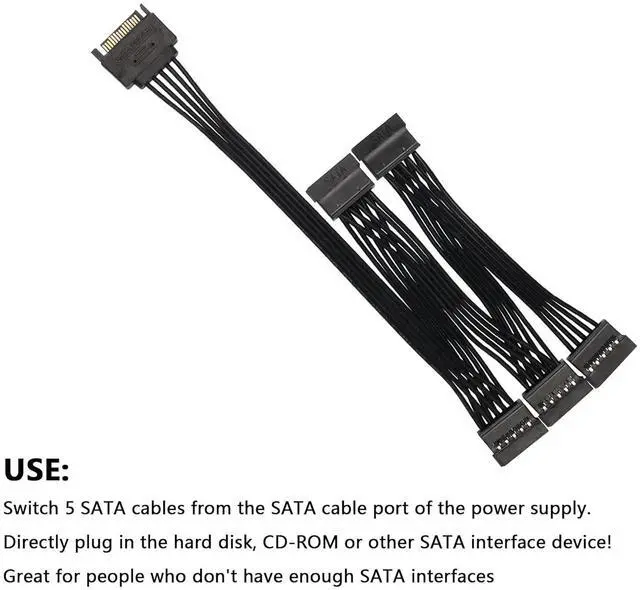 Alt view image 4 of 7 - BUCIER SATA Power Splitter Cable - 15Pin Male to 5 Female Power Extension Hard Drive Cable for HDD, SSD and Optical Drives - 23.5cm