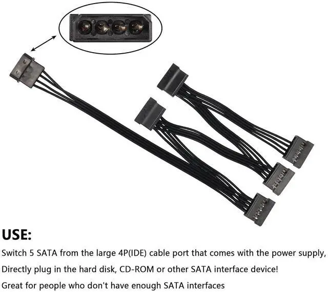 Alt view image 4 of 7 - BUCIER IDE to SATA Power Splitter Cable, LP4 4 Pin Male to 5 SATA Female Power Extension Hard Drive Cable,for HDD SSD and Optical Drives 18AWG-24cm