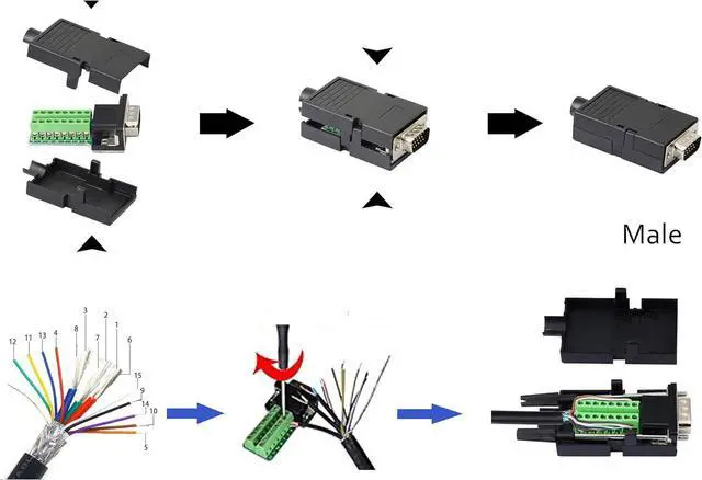Alt view image 5 of 6 - BUCIER VGA DB15 Solderless Connector 3+9 D-SUB 15 Pin VGA 3 Row Breakout Board Adaptor with Case+Screwdriver(2-Pack Male)