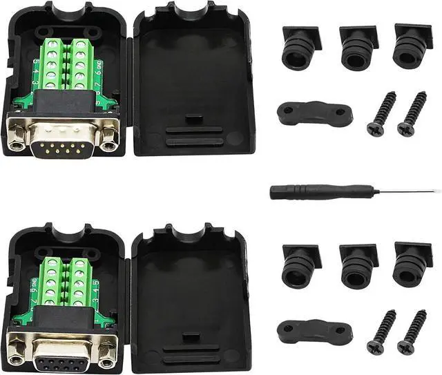 Main image of BUCIER DB9 Connector Adapter RS232 Serial Port D-SUB Adapter Plate Breakout Board Solder-Free (1-Pair Male+Female with Screwdriver, Black Rubber Core)