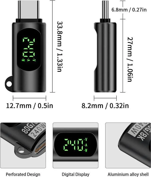 Alt view image 6 of 7 - BUCIER 80Gbps USB C Adapter with Digital Display, Thunderbolt 4 Connector 240W, 8K@60Hz, USB C Watt Meter Display Adapter for iPhone 16/15 Series,Thunderbol5/4/3, Game Controller, Black (2-Pack)