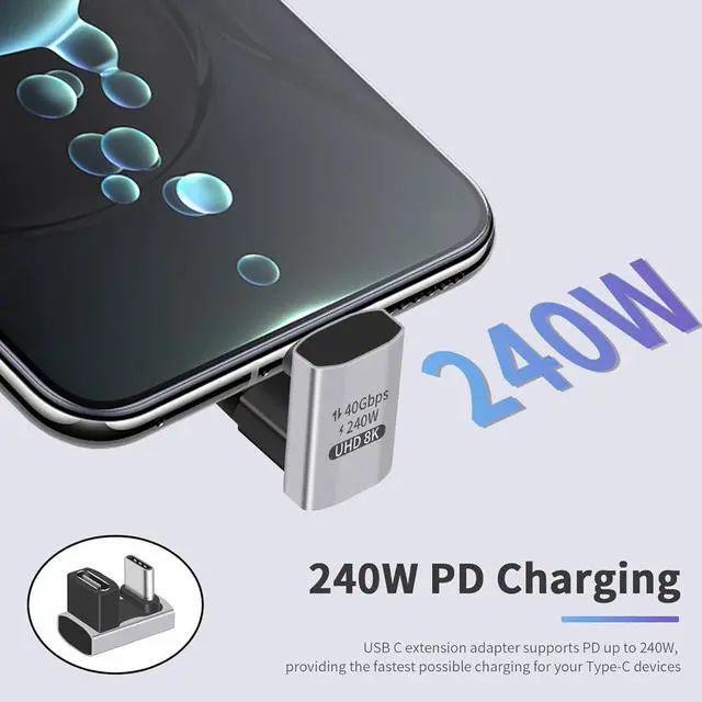 Alt view image 3 of 7 - BUCIER 180 Degree USB C to USB C Adapter 8K 240W 40G, USB C 180 Degree Female to Male Adapter, USB C Extension for Thunderbolt 4/3, ROG Ally, Steam Deck, Switch, Dock, Mac, Tablet, iPhone 16 15 1Pack