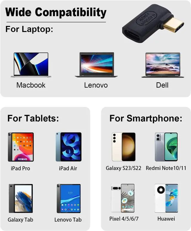 Alt view image 7 of 7 - BUCIER Right Angle USB C Adapter Compatible with Thunderbolt 4 Cable, 240W 40Gbps 90 Degree USB C Male to Female Adapter with 8K@60Hz Video for USB 4, PC, Tablet, iPhone 15, Steam Deck 2 Pack