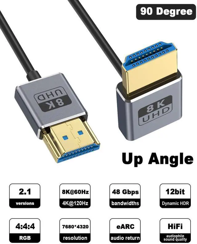 Alt view image 2 of 6 - BUCIER 8K 90 Degree HDMI Cable 4FT/120cm 8K@60Hz, 4K@240Hz, UP Angle HDMI Male to Male Cable, Ultra High Speed 48Gbps Bandwidths, Ultra Thin HDMI 2.1 Cord OD2.5mm for GH5S, PS5, Xbox One Monitor,PC