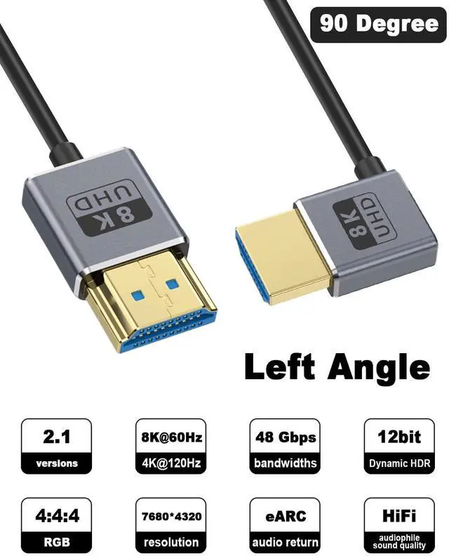 Alt view image 2 of 7 - BUCIER 8K 90 Degree HDMI Cable, Left Angle HDMI Male to Male Cable,48Gbps Ultra Thin HDMI Cord OD2.5mm, Support 8K@60Hz, 4K@240Hz, Dynamic HDR, eARC, for GH5S, PS5, Xbox One Monitor,PC.1FT/30cm