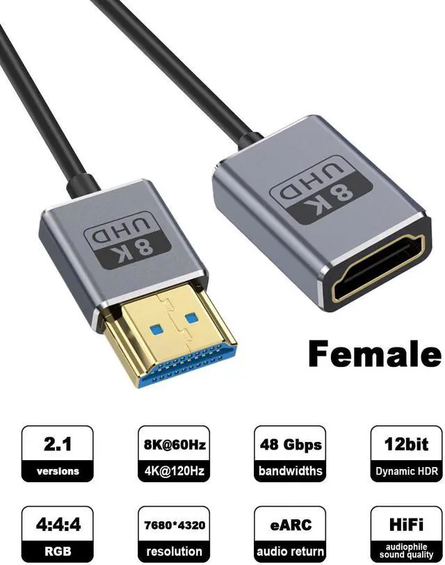 Alt view image 2 of 7 - BUCIER Coaxial 8K HDMI Extension Cable 1 Foot/30cm, Ultra Thin HDMI Male to Female Cord, Short HDMI Cable Ultra High Speed 48Gbps Bandwidths Support 8K@60Hz, 4K@240Hz for GH5S, PS5,PC