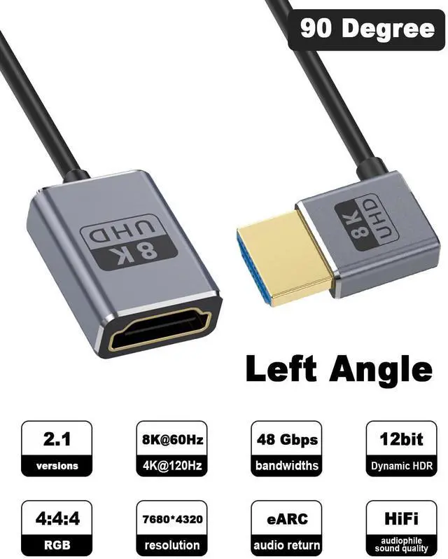Alt view image 2 of 7 - BUCIER Ultra Thin/Coaxial 90 Degree HDMI to HDMI Extender Cable 1FT, (48Gbps, 8K@60Hz, 4K@240Hz) Left Angle Male to Female Cable for Dynamic HDR, eARC, for GH5S, PS5, PC.