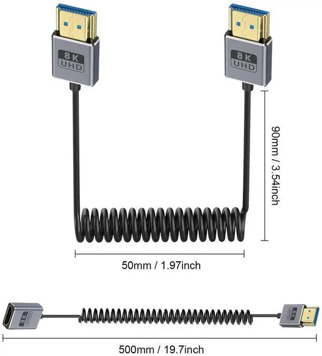 Alt view image 3 of 7 - BUCIER Coaxial 8K Coiled HDMI Cable, Extreme Thin HDMI to HDMI 2.1 Cable [8K@60Hz, 4K@240Hz, 48Gbps] Short HDMI Cable for Camera Monitors, PS5, Roku, BluRay TV 1-2Ft