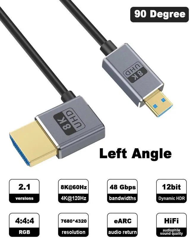 Alt view image 2 of 7 - BUCIER Micro HDMI to HDMI 2.1 Cable, Left Angle HDMI Male to Micro HDMI Cable 8K@60Hz, 4K@240Hz, 48Gbps High Speed Compatible with Raspberry Pi 5/Pi 4/GoPro Hero 7 6/S.ony A6000 Camera 4FT/1.2M