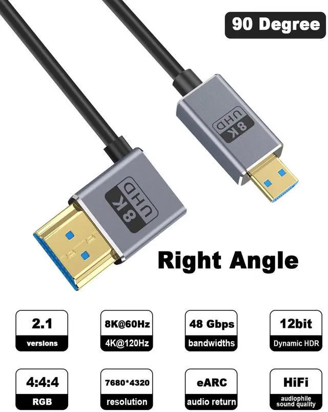 Alt view image 2 of 7 - BUCIER Micro HDMI to HDMI 2.1 Cable, Right Angle HDMI Male to Micro HDMI Cable 8K@60Hz, 4K@240Hz, 48Gbps High Speed Compatible with Raspberry Pi 5/Pi 4/GoPro Hero 7 6/S.ony A6000 Camera 4FT/1.2M