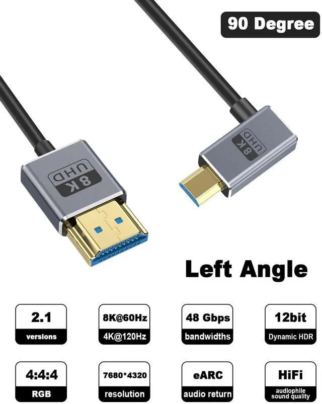 Alt view image 2 of 7 - BUCIER 8K 90 Degree Micro HDMI to HDMI Cable 1FT/30cm, Left Angle HDMI Male to Micro HDMI Adapter Cable with 8K@60Hz, 4K@240Hz, 48Gbps Micro HDMI Cable Coiled for Cameras, DSLRs, Camcorders, Monitors