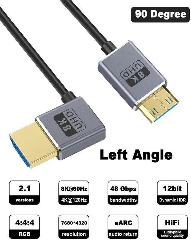 Alt view image 2 of 7 - BUCIER 8K Mini HDMI to HDMI Cable 2.1 Cord 48Gbps,Ultra Thin Left Angle HDMI to Mini HDMI Male Cord, Support High Speed 8K@60Hz, 4K@240Hz for Camera, Camcorder, Graphics/Video Card 4FT