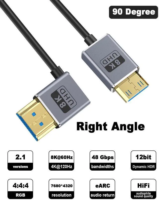 Alt view image 2 of 7 - BUCIER 8K Mini HDMI to HDMI Cable 2.1 Cord 48Gbps,Ultra Thin Right Angle HDMI to Mini HDMI Male Cord, Support High Speed 8K@60Hz, 4K@240Hz for Camera, Camcorder, Graphics/Video Card 4FT