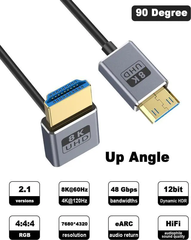 Alt view image 2 of 7 - BUCIER 8K Coaxial Up Angle HDMI to Mini HDMI Cable 1FT/30cm, [48Gbps, 8K@60Hz, 4K@240Hz], Ultra Thin Mini HDMI 2.1 Male Cable for Camera, Camcorder, Tablet, Laptop, Raspberry Pi Zero