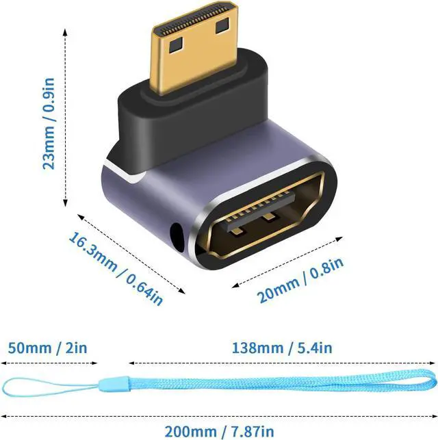 Alt view image 7 of 7 - BUCIER 8K 90 Degree Mini HDMI to HDMI Adapter, Up Angled HDMI to Mini HDMI Adapter Supports 8K@60Hz, 4K@144Hz, 2K@240Hz for Camera, Camcorder - 2 Pack
