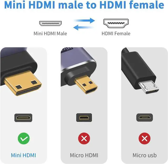 Alt view image 4 of 7 - BUCIER 8K 90 Degree Mini HDMI to HDMI Adapter, Up Angled HDMI to Mini HDMI Adapter Supports 8K@60Hz, 4K@144Hz, 2K@240Hz for Camera, Camcorder - 2 Pack