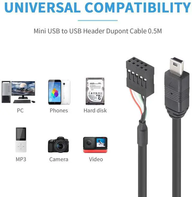 Alt view image 3 of 6 - BUCIER Mini USB to Motherboard Cable 1.65FT/50CM, Mini USB Male to 9pin Female Cable forcomputer motherboards 2pack