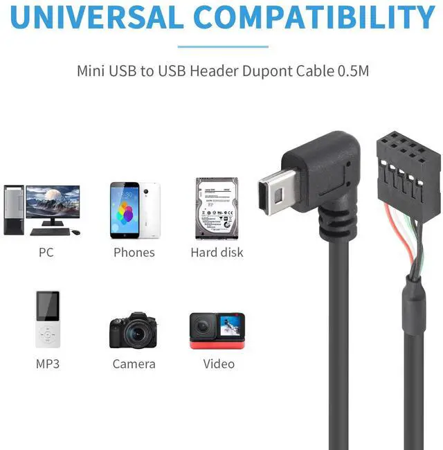 Alt view image 3 of 6 - BUCIER Mini USB to Motherboard Cable, Right Angled Mini USB Male to 9 Pin Motherboard Female Adapter Dupont Extended Cable1.5FT/50CM
