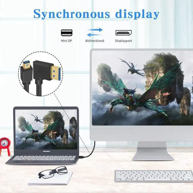 Alt view image 4 of 7 - BUCIER 8k Mini Displayport to Displayport 1.4, 8K@60Hz Left Angle Displayport Male to Mini Displayport Male Cable with Gold-Plated, Support Bi-Directional Transmission, for Gaming, Monitor 1Ft