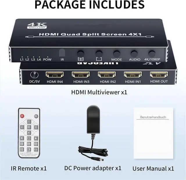 Alt view image 7 of 7 - BUCIER HDMI Multi-Viewer 4X1, Seamless Switcher 4 in 1 Out, Quad Multi Viewer Switcher with IR Remote, Supports 4K 30Hz, 5 Display Modes for Security Camera, Gaming Consoles