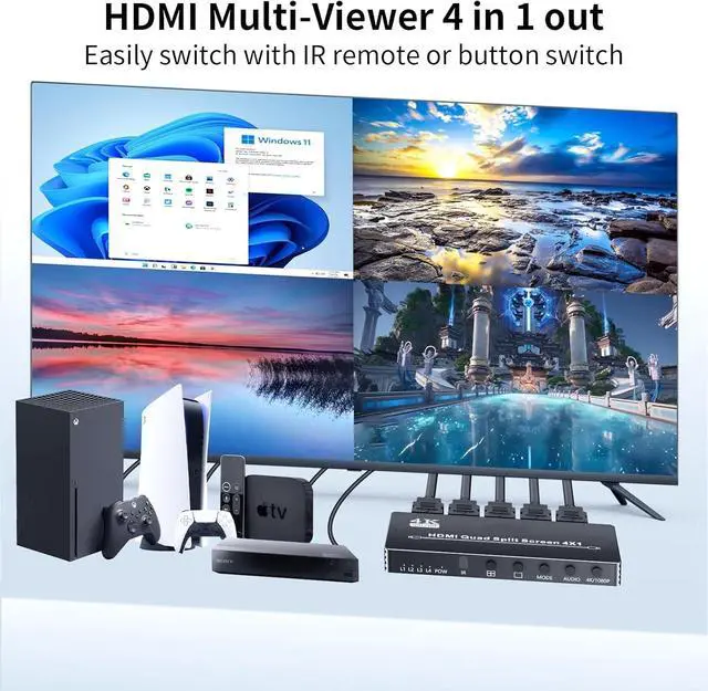 Alt view image 2 of 7 - BUCIER HDMI Multi-Viewer 4X1, Seamless Switcher 4 in 1 Out, Quad Multi Viewer Switcher with IR Remote, Supports 4K 30Hz, 5 Display Modes for Security Camera, Gaming Consoles