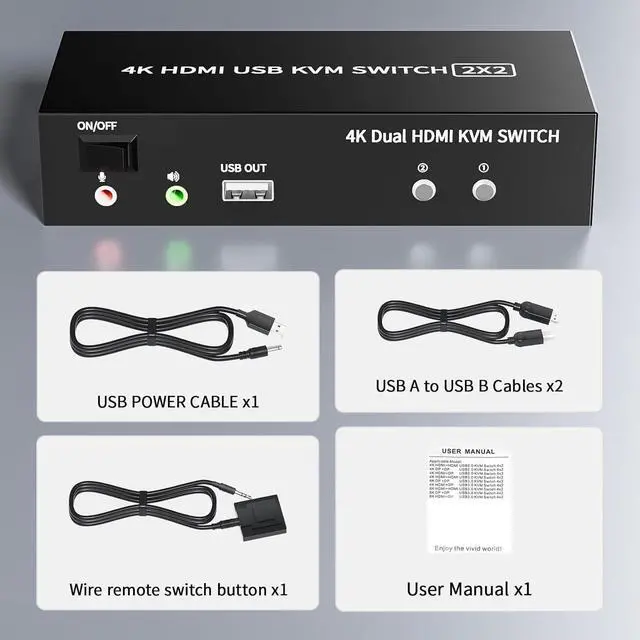 Alt view image 7 of 7 - BUCIER 2 Ports Dual Monitor Switch, 4K@60Hz KVM Switch 2 Monitors 2 Computers, KVM Dual Monitor HDMI Switcher 2x2 for 2 Computers Share 2 Displays and 5 USB 2.0 Ports, Wired Remote and USB Power Cable