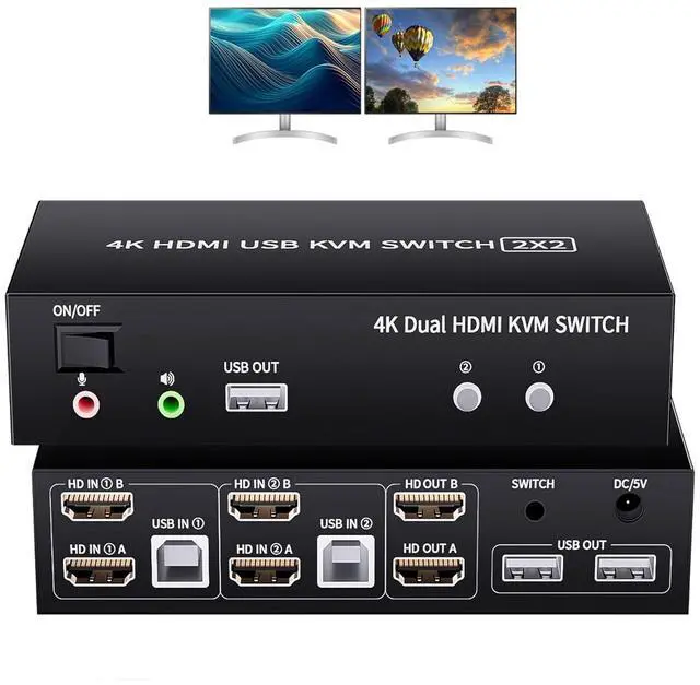 Main image of BUCIER 2 Ports Dual Monitor Switch, 4K@60Hz KVM Switch 2 Monitors 2 Computers, KVM Dual Monitor HDMI Switcher 2x2 for 2 Computers Share 2 Displays and 5 USB 2.0 Ports, Wired Remote and USB Power Cable