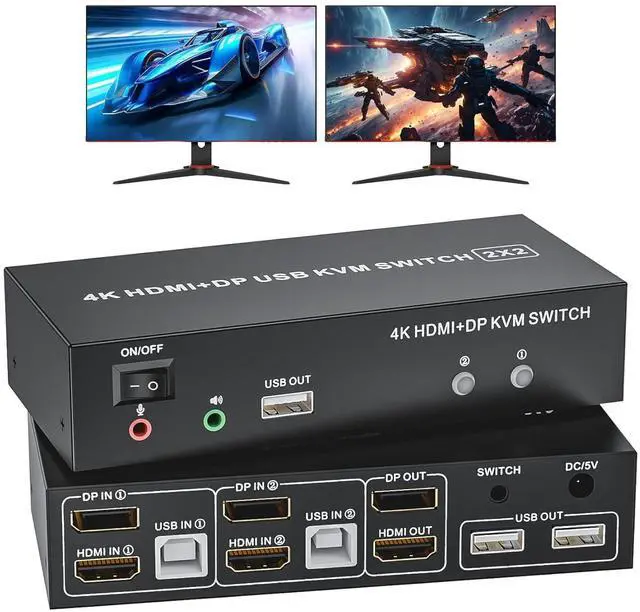 Main image of HDMI Displayport KVM Switch 2 Monitors 2 Computers, 4K@60Hz USB 2.0 DP 1.4 KVM Switch w/Audio Micro, Dual Monitor Supports Extended/Mirror Mode, 2-Port for 2 PC Share 1 Set of Keyboard Mouse Printer