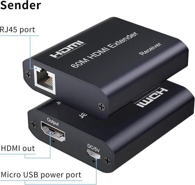 Alt view image 3 of 6 - BUCIER HDMI Extender Over Cat5e/6/7 196ft/60m, 1080p@60Hz UHD Udp Extender, 1 HDMI Over Ethernet, Supports HDCP 1.2 HDMI 1.3 EDID (Transmitter and Receiver)