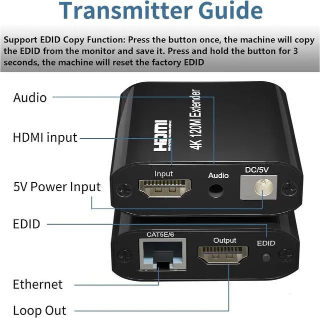 Alt view image 4 of 7 - BUCIER 120m/395ft HDMI Extender - 4K@60Hz UHD HDMI Ethernet Extender Over Cat5e/6/7 Cable with Audio & Loop Out, HDCP 1.2 Support