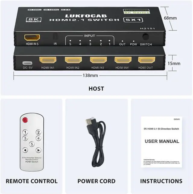 Alt view image 7 of 7 - BUCIER HDMI 2.1 Switch 5 in 1 Out 8K 60Hz, 5 Port HDMI Switcher Selector Box with Remote, 4K@120Hz HDMI Switch 5x1 Support 48Gbps, HDR 10+, HDCP 2.3, 3D, for PS5/4/3, Xbox Series X, NS, Laptop, Black