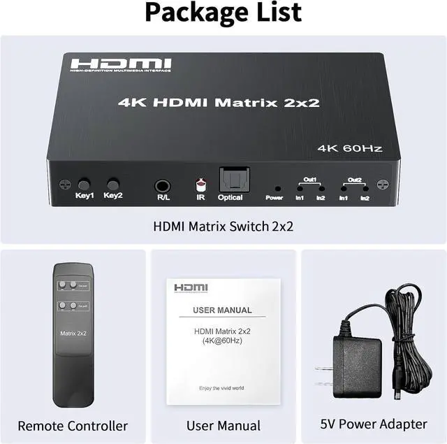Alt view image 7 of 7 - BUCIER 2x2 HDMI Matrix, HDMI Matrix Switch Splitter 2 in 2 Out with Remote Control, Support UHD HDR 4K@60hz, HDMI 2.0, HDCP 2.2, 18Gbps, EDID Management, Digital Optical Stereo, Audio Extractor
