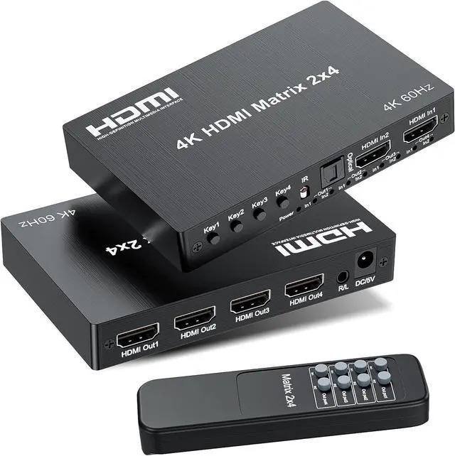 Main image of BUCIER 4K 2x4 HDMI Matrix Switch, 2 in 4 Out Matrix HDMI 2.0 Video Switcher Splitter, Optical & 3.5mm Audio Output, Support 4K 60Hz HDR HDCP2.2,18Gbps, with IR Remote Control for NS PS5 Fire Stick etc