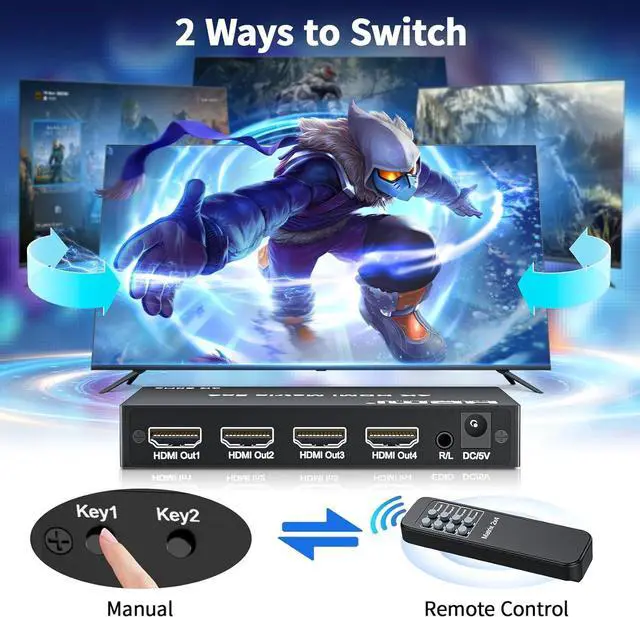 Alt view image 6 of 7 - BUCIER 4K 2x4 HDMI Matrix Switch, 2 in 4 Out Matrix HDMI 2.0 Video Switcher Splitter, Optical & 3.5mm Audio Output, Support 4K 60Hz HDR HDCP2.2,18Gbps, with IR Remote Control for NS PS5 Fire Stick etc