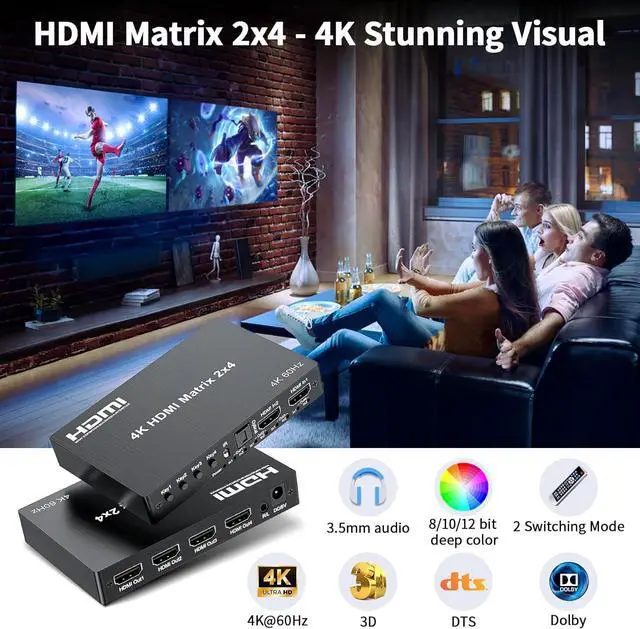 Alt view image 2 of 7 - BUCIER 4K 2x4 HDMI Matrix Switch, 2 in 4 Out Matrix HDMI 2.0 Video Switcher Splitter, Optical & 3.5mm Audio Output, Support 4K 60Hz HDR HDCP2.2,18Gbps, with IR Remote Control for NS PS5 Fire Stick etc