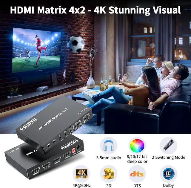 Alt view image 2 of 7 - 4x2 HDMI Matrix, HDR 4K@60Hz 4 in 2 Out HDMI Switch Splitter with IR Remote, HDMI Matrix Switch + Optical Toslink + 3.5mm L/R Audio Output, Support UHD HDMI2.0, HDCP2.2, 18Gbps, EDID, Audio Extract