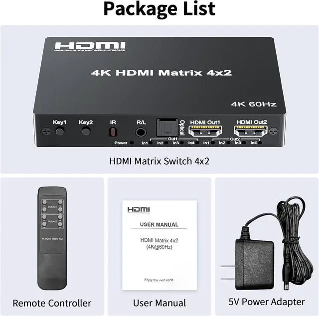 Alt view image 7 of 7 - 4x2 HDMI Matrix, HDR 4K@60Hz 4 in 2 Out HDMI Switch Splitter with IR Remote, HDMI Matrix Switch + Optical Toslink + 3.5mm L/R Audio Output, Support UHD HDMI2.0, HDCP2.2, 18Gbps, EDID, Audio Extract