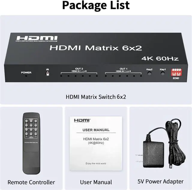 Alt view image 7 of 7 - BUCIER 6x2 HDMI 2.0 Matrix Switch Splitter,6 in 2 Out HDMI Matrix Switcher Selector Supports 4K@60Hz 18Gbps UHD HDR HDCP 2.2, with Remote Control & Optical SPDIF 3.5mm Audio Extractor, EDID Management