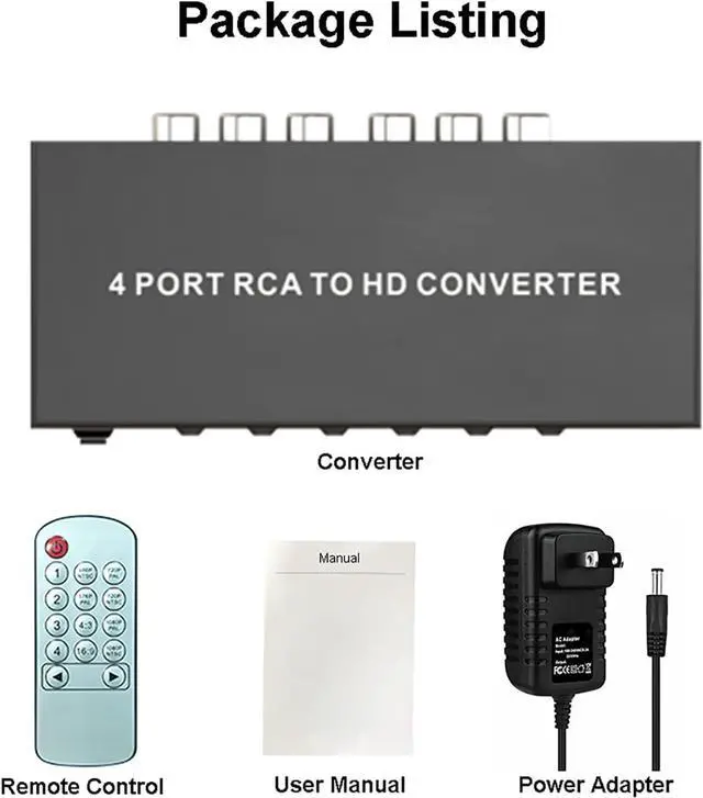 Alt view image 7 of 7 - BUCIER 4 Port AV to HDMI Converter 1080P, Fit for RCA/Composite/CVBS to HDMI Converter Adapter, Support 16:9/4:3 Switch, Compatible with Wii N64 PS1 PS2 PS3 VHS VCR DVD Players etc (with Remote)