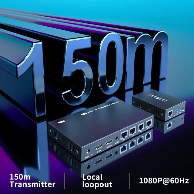 Alt view image 2 of 7 - BUCIER 150m HDMI Splitter Extender 1x4 Transmit Remote 1080P Audio Video Over Cat5e/6 Ethernet Mirror 4 Screens Support Loopout Remote 1 in 4 Out for TV