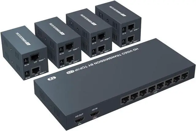 Main image of BUCIER 150m HDMI Splitter Extender 1x8 Transmit Remote 1080P Audio Video Over Cat5e/6 Ethernet Mirror 8 Screens Support Loopout Remote 1 in 8 Out for TV
