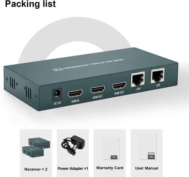 Alt view image 7 of 7 - BUCIER HDMI Extender Splitter 1x2, HD1080P@60Hz & 3D Visual, Extending 165ft (50m) Length Transmission Over CAT5e/CAT6/CAT7 Cable, 2 Channel Transmission with 2 HDMI Loop Out1