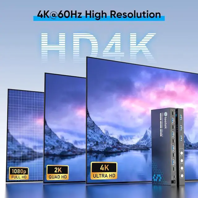 Alt view image 4 of 7 - BUCIER USB 3.0 HDMI KVM Switch 1 Monitors 4 Computers, 4K@60Hz KVM Switches for 4 Computers Sharing Monitor Keyboard Mouse Hard Drives Printer, with EDID Adaptive,1 HDMI Cable and 4 USB Cable