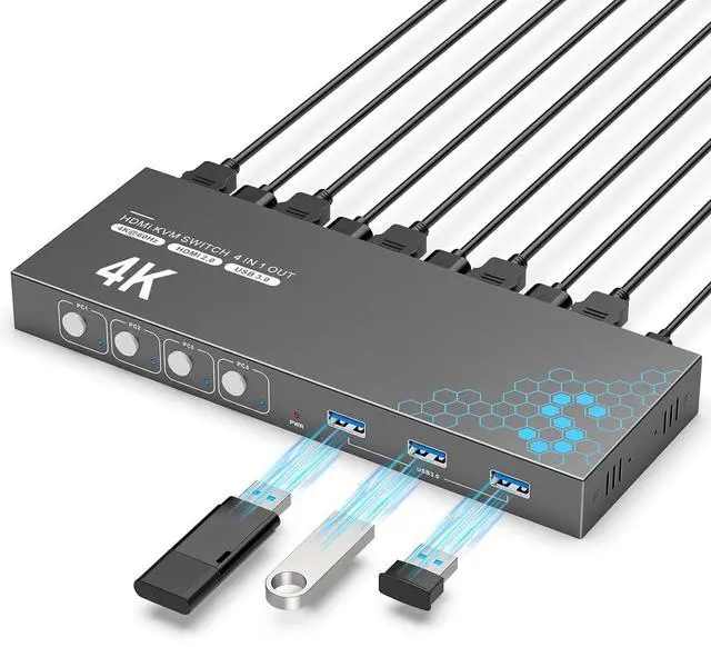 Main image of BUCIER USB 3.0 HDMI KVM Switch 1 Monitors 4 Computers, 4K@60Hz KVM Switches for 4 Computers Sharing Monitor Keyboard Mouse Hard Drives Printer, with EDID Adaptive,1 HDMI Cable and 4 USB Cable
