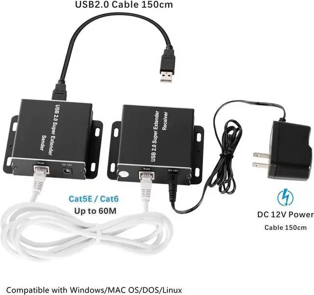 Alt view image 7 of 7 - BUCIER USB Extender Over Cat5E/6 up to 196ft, USB2.0 Over Cat6 Cat5E Extender with 4 USB 2.0 Ports, Plug and Play, No Driver Needed Support All Operating System, Two Web Cameras Work Synchronously