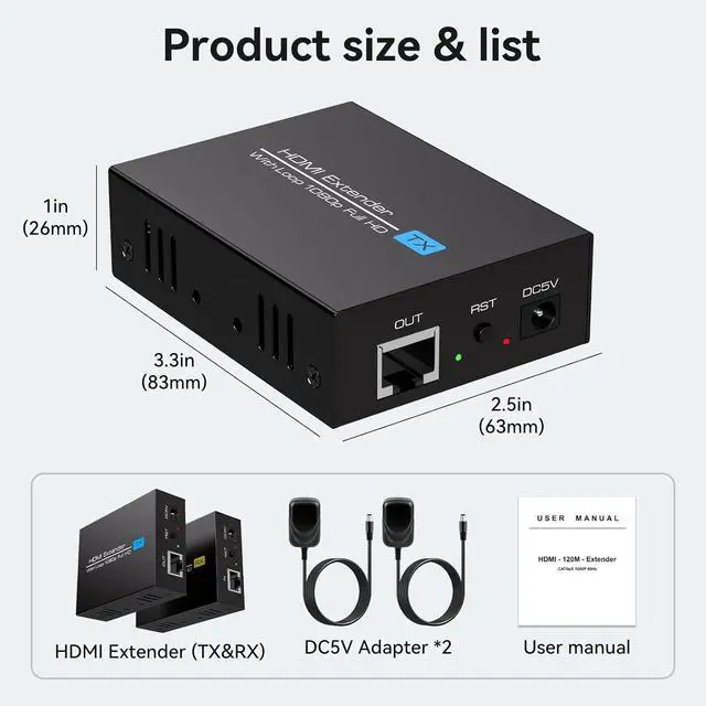 Alt view image 7 of 7 - BUCIER 400Ft HDMI Extender Over Ethernet Cat5 or 6 Adapter Balun 120m with Loop Output and Automatic EDID Functions Support 1080P60Hz 3D Full HD Transmitter and Receiver