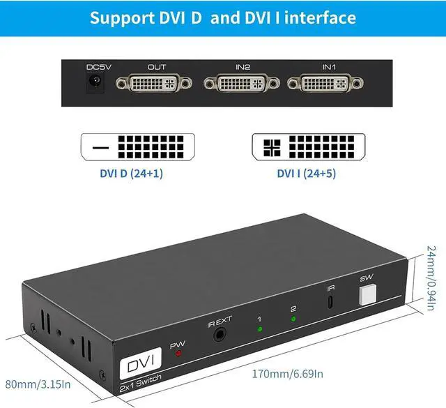Alt view image 6 of 7 - BUCIER DVI Switch 2 in 1 Out 4K Port Switcher Selector for PC Laptop DVR Projector HDTV Devices HDCP