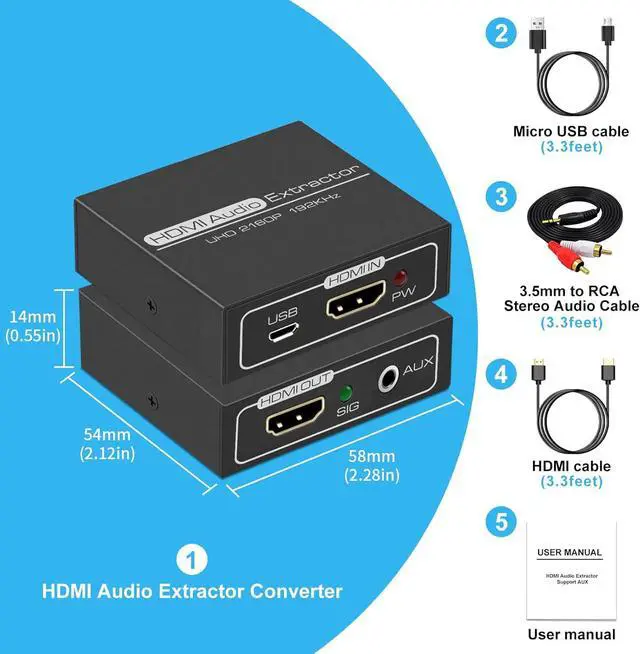 Alt view image 7 of 7 - BUCIER HDMI Audio Extractor 4K with 3.5mm AUX Stereo and L/R RCA Out Converter Adapter Splitter Support 4K 1080P 3D Compatable for PS3 Xbox Fire Stick