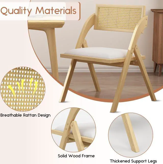 Alt view image 3 of 7 - DualThunder Folding Dining Chairs Set of 2, Foldable Wood Kitchen Chairs with Padded Cushion, Modern Mid Century Rattan Dining Room Chairs, Foldable Dining Chairs for Small Space, No Assembly, Beige